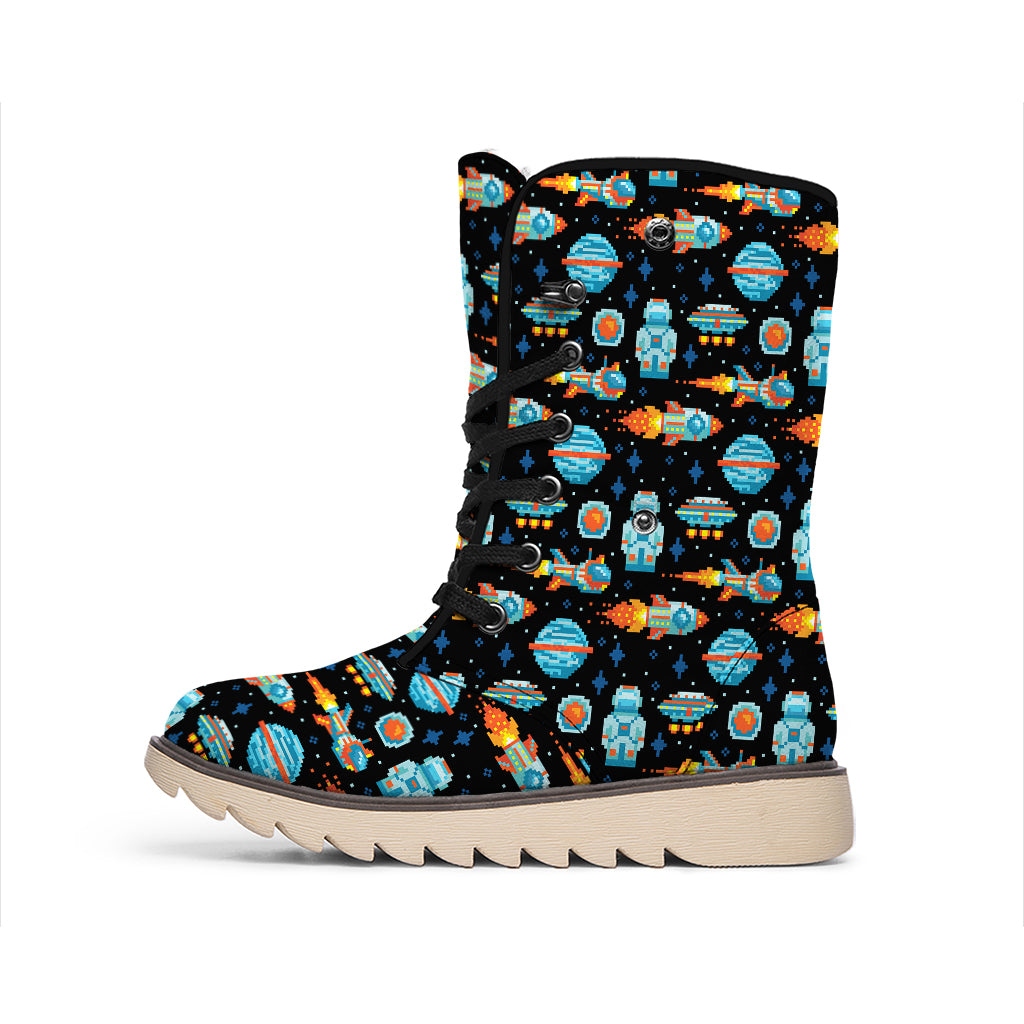 Astronaut And Space Pixel Pattern Print Winter Boots