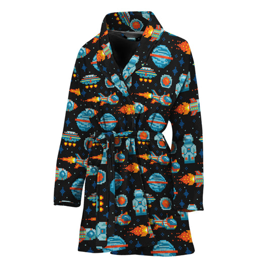 Astronaut And Space Pixel Pattern Print Women's Bathrobe