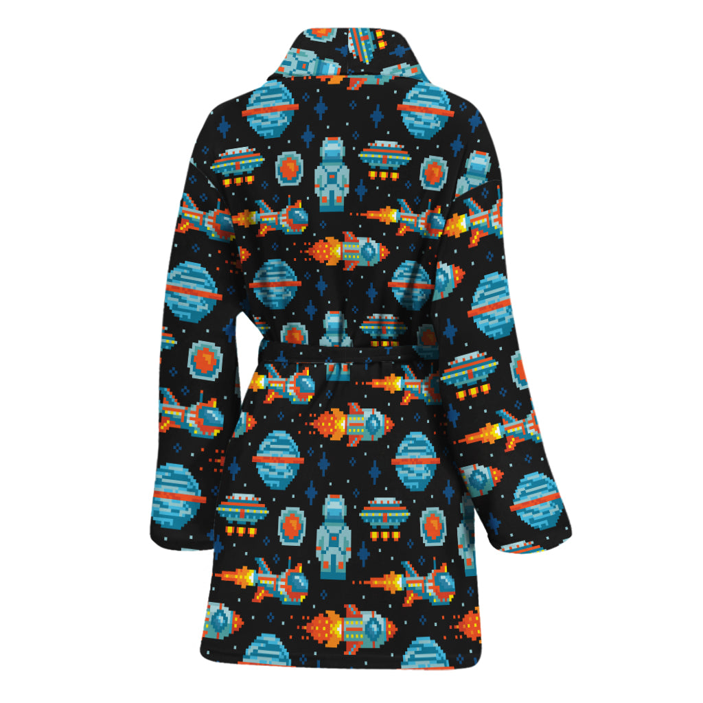 Astronaut And Space Pixel Pattern Print Women's Bathrobe