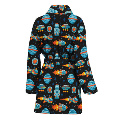 Astronaut And Space Pixel Pattern Print Women's Bathrobe