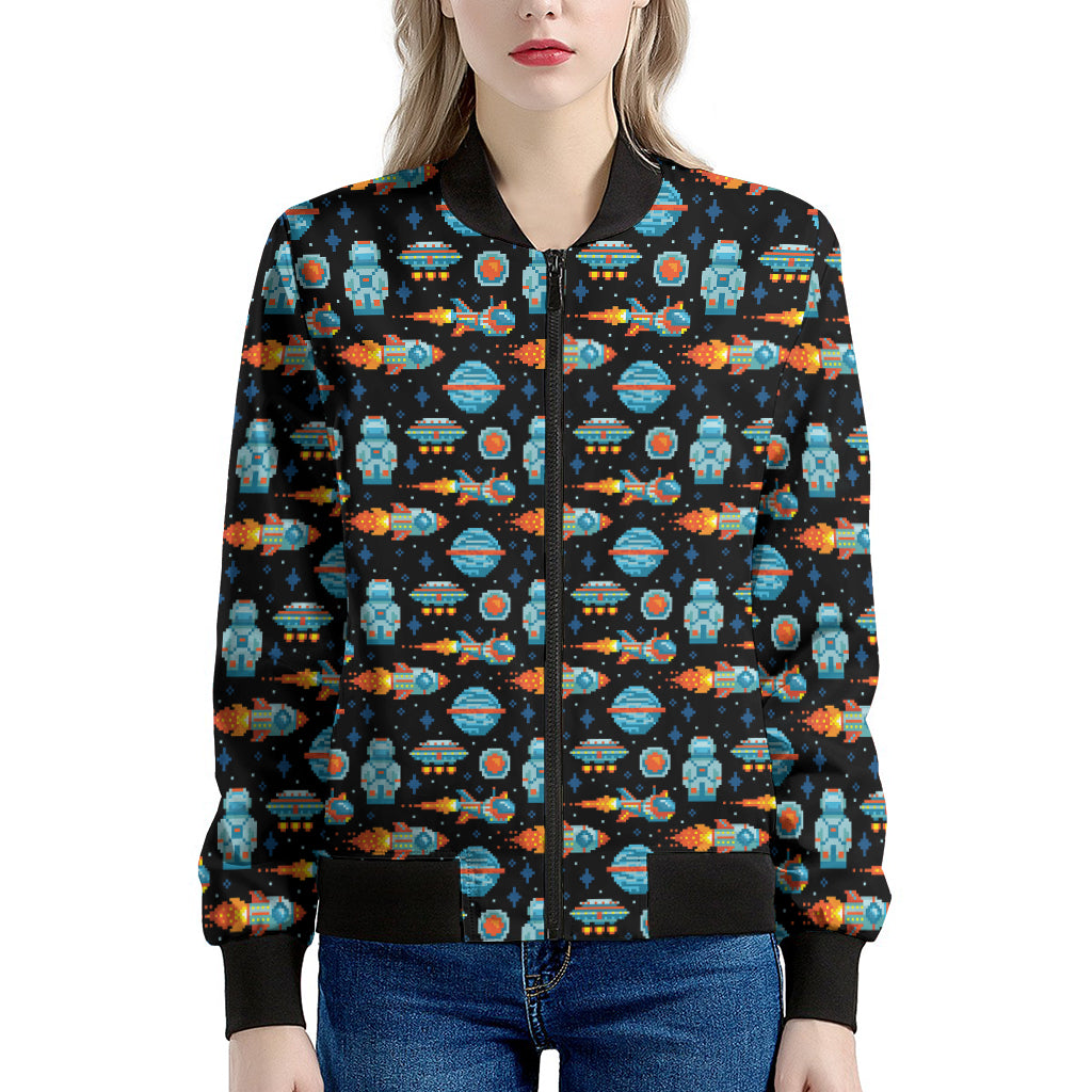 Astronaut And Space Pixel Pattern Print Women's Bomber Jacket