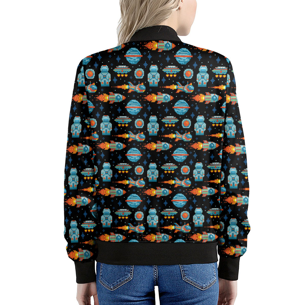 Astronaut And Space Pixel Pattern Print Women's Bomber Jacket
