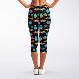 Astronaut And Space Pixel Pattern Print Women's Capri Leggings