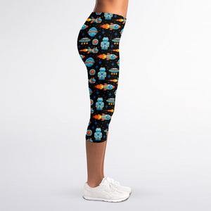 Astronaut And Space Pixel Pattern Print Women's Capri Leggings