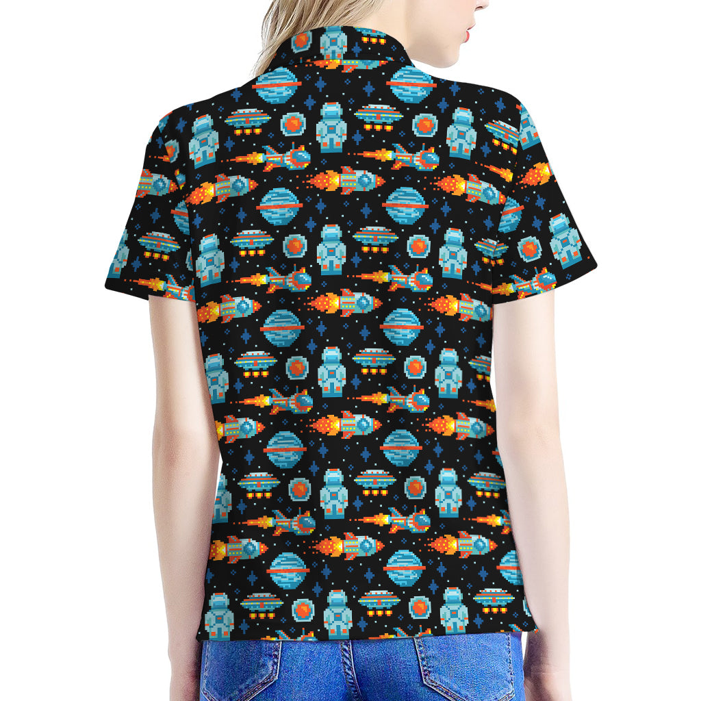 Astronaut And Space Pixel Pattern Print Women's Polo Shirt