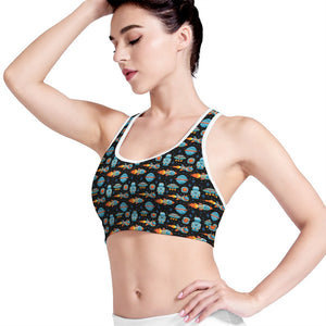 Astronaut And Space Pixel Pattern Print Women's Sports Bra