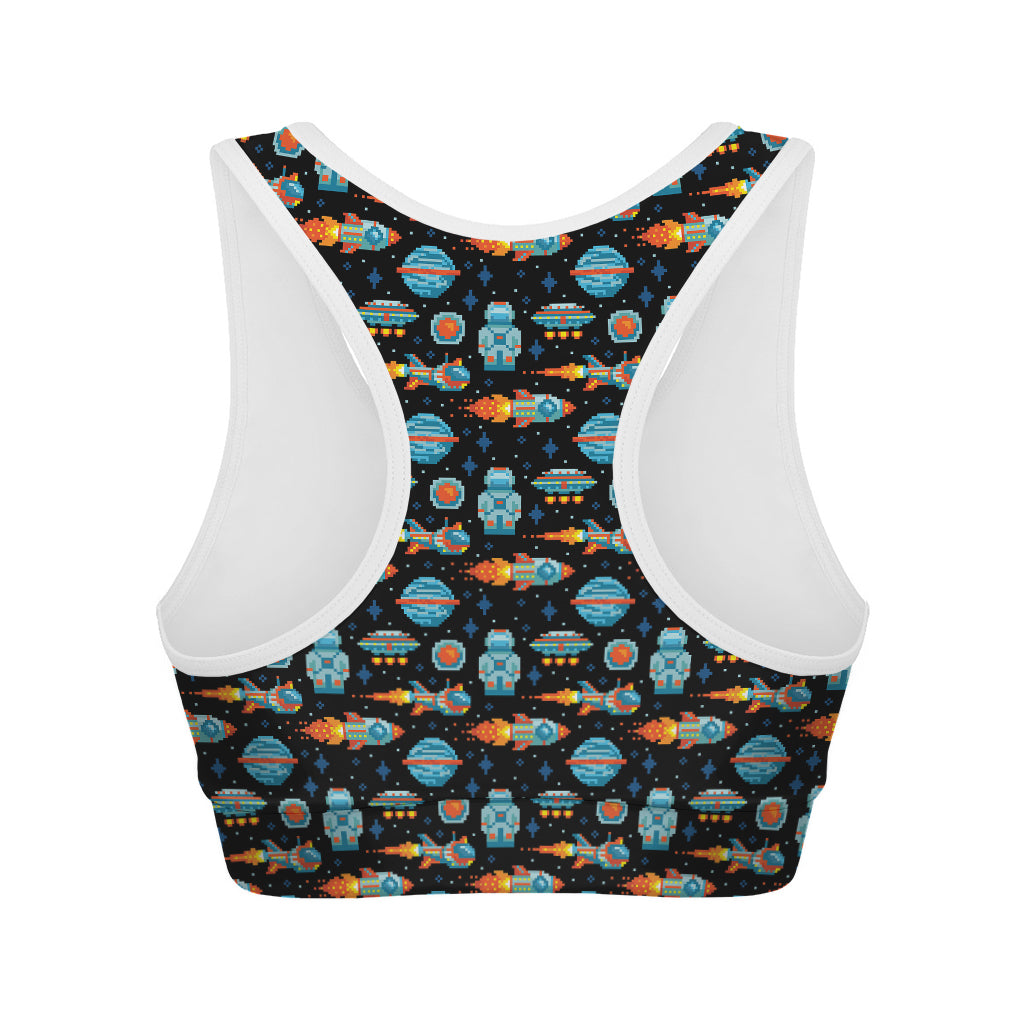 Astronaut And Space Pixel Pattern Print Women's Sports Bra