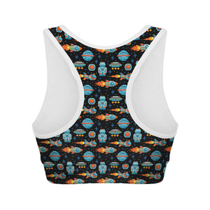 Astronaut And Space Pixel Pattern Print Women's Sports Bra