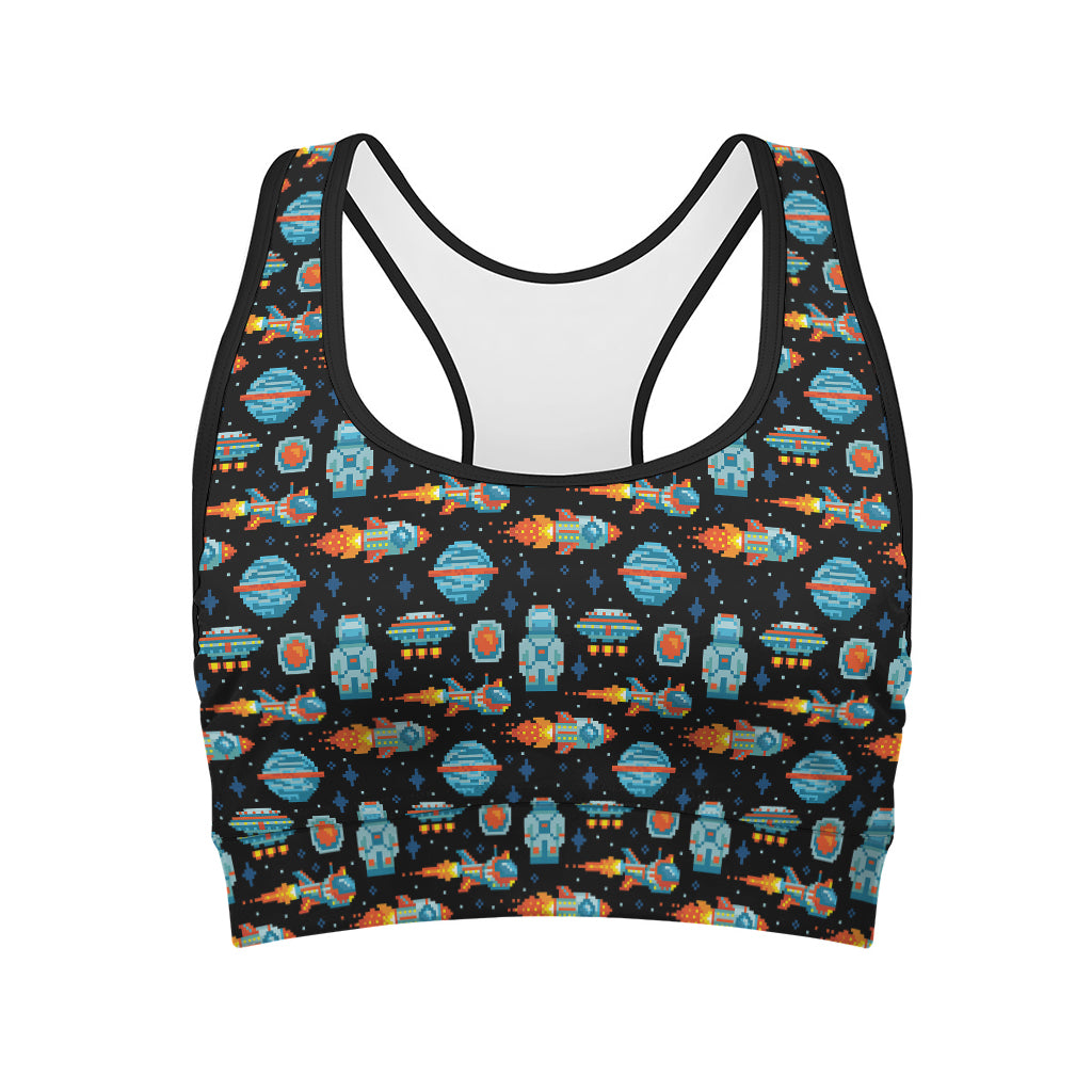 Astronaut And Space Pixel Pattern Print Women's Sports Bra