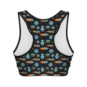 Astronaut And Space Pixel Pattern Print Women's Sports Bra