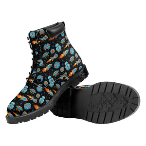 Astronaut And Space Pixel Pattern Print Work Boots