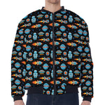 Astronaut And Space Pixel Pattern Print Zip Sleeve Bomber Jacket