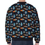 Astronaut And Space Pixel Pattern Print Zip Sleeve Bomber Jacket