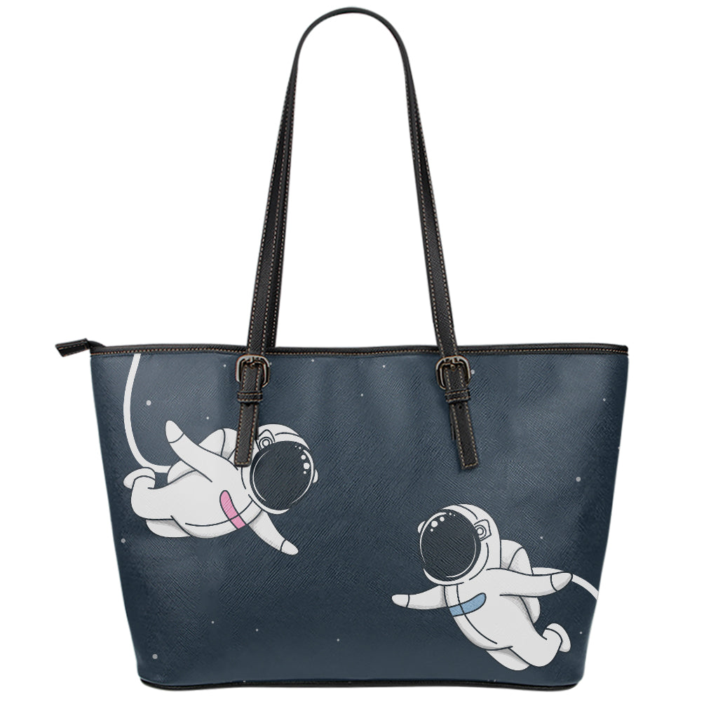 Astronaut Couple In Space Print Leather Tote Bag