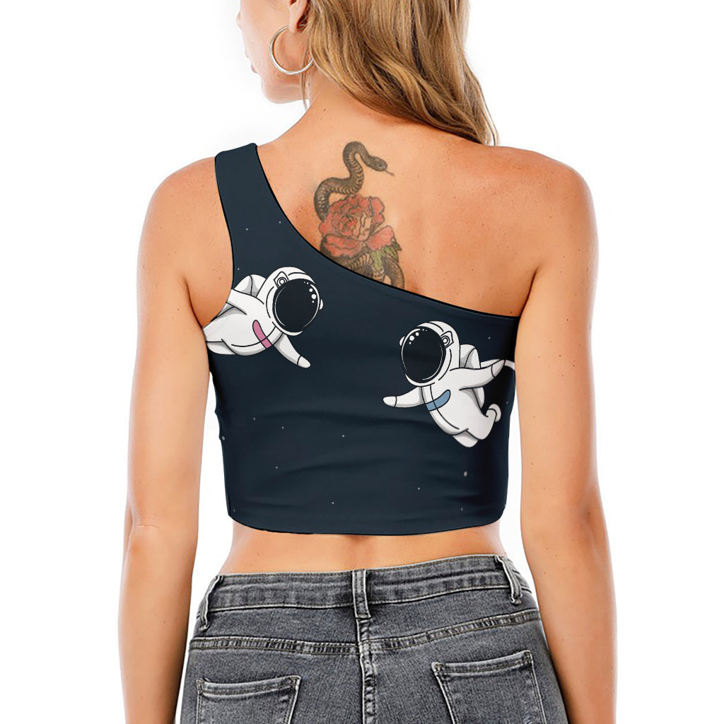 Astronaut Couple In Space Print One Shoulder Crop Top