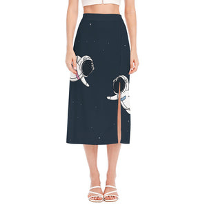 Astronaut Couple In Space Print Side Slit Midi Skirt