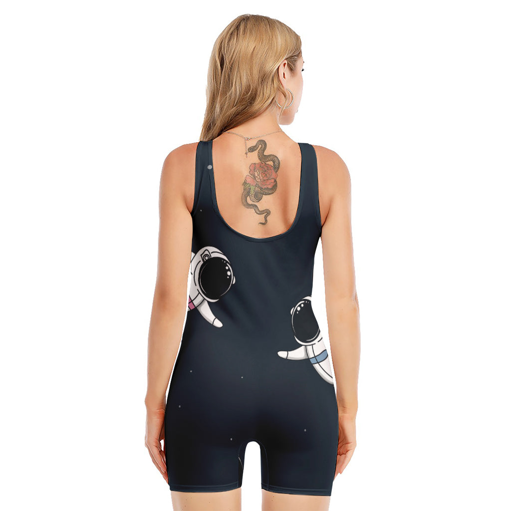 Astronaut Couple In Space Print Sleeveless One Piece Swimsuit