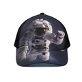 Astronaut Floating In Outer Space Print Black Mesh Trucker Hat