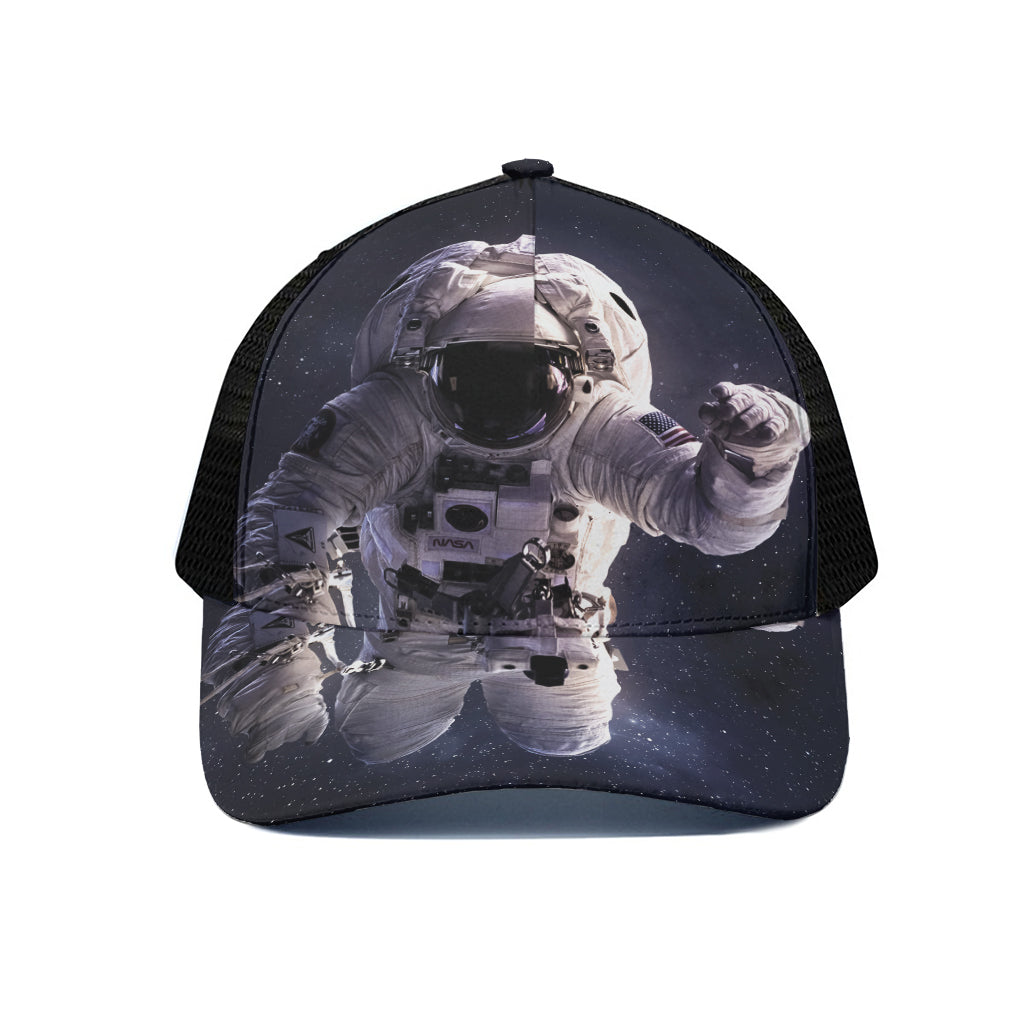 Astronaut Floating In Outer Space Print Black Mesh Trucker Cap