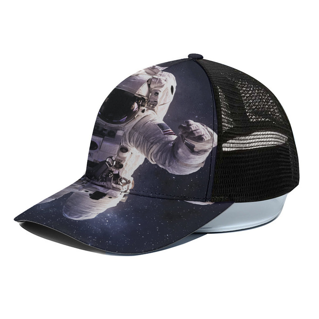 Astronaut Floating In Outer Space Print Black Mesh Trucker Cap