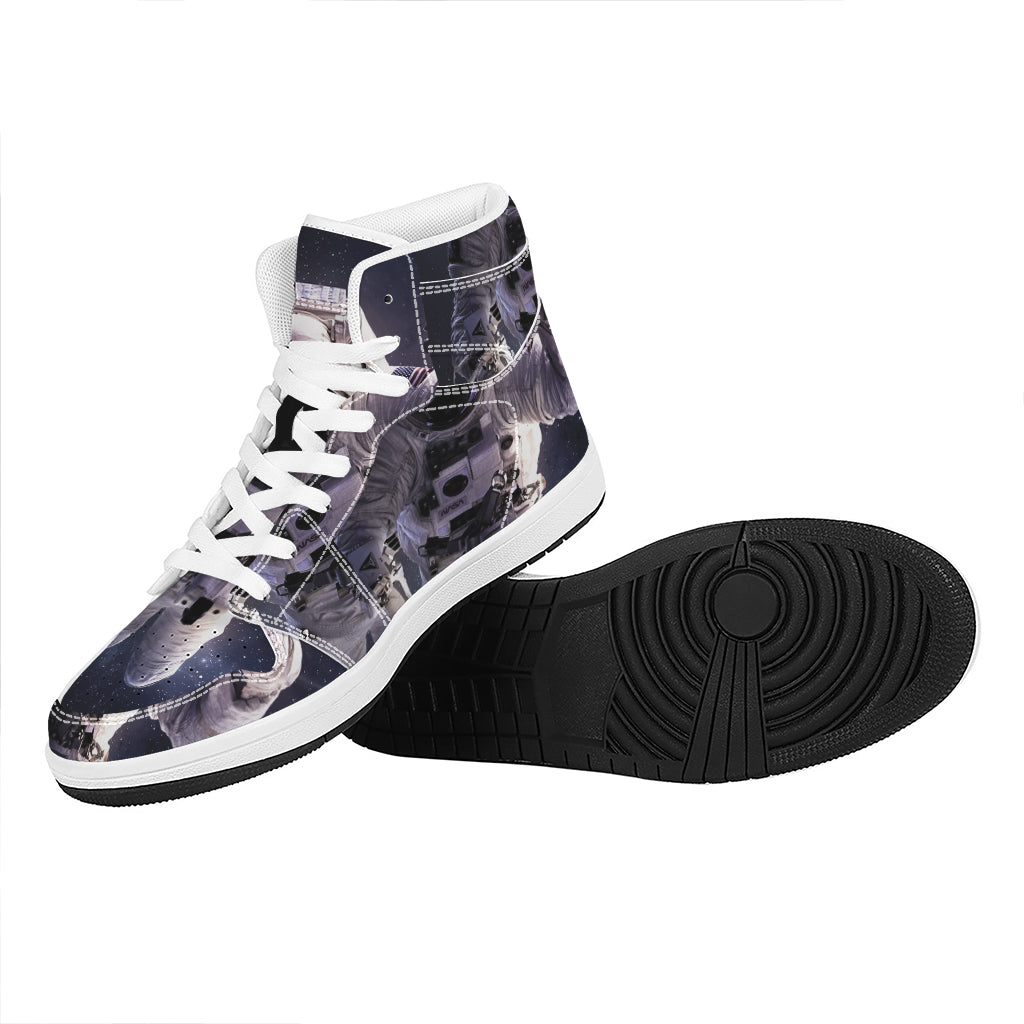 Astronaut Floating In Outer Space Print High Top Leather Sneakers