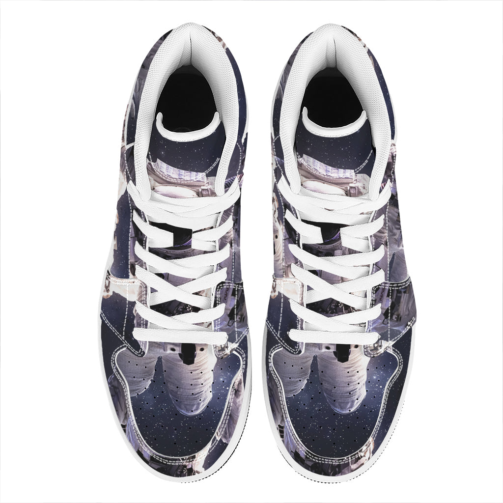 Astronaut Floating In Outer Space Print High Top Leather Sneakers