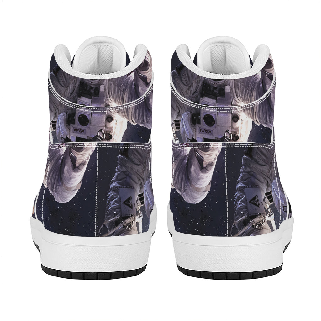 Astronaut Floating In Outer Space Print High Top Leather Sneakers