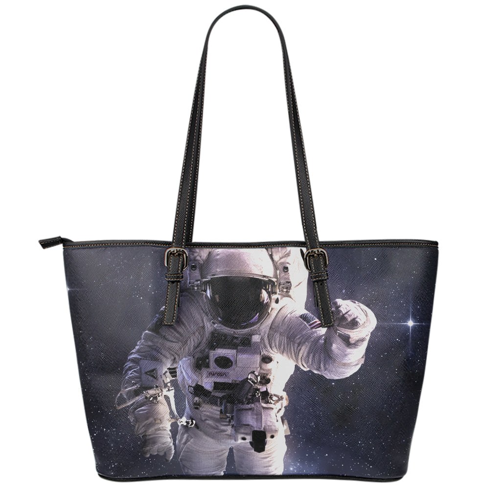 Astronaut Floating In Outer Space Print Leather Tote Bag