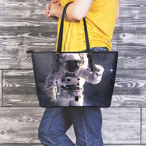 Astronaut Floating In Outer Space Print Leather Tote Bag