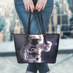 Astronaut Floating In Outer Space Print Leather Tote Bag