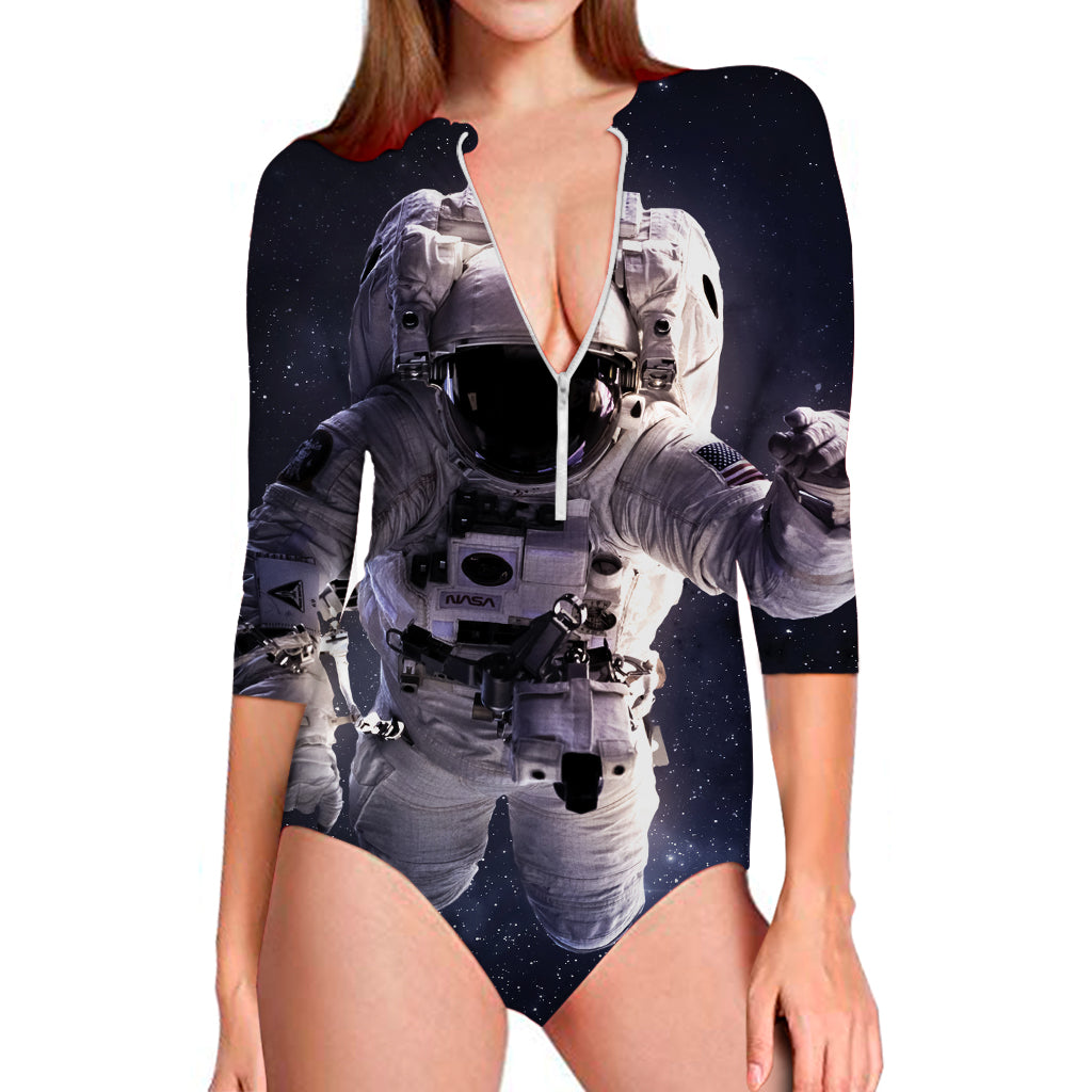 Astronaut Floating In Outer Space Print Long Sleeve Swimsuit