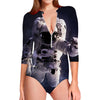 Astronaut Floating In Outer Space Print Long Sleeve Swimsuit