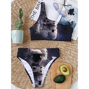 Astronaut Floating In Outer Space Print One Shoulder Bikini Top