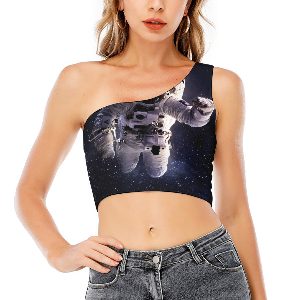 Astronaut Floating In Outer Space Print One Shoulder Crop Top