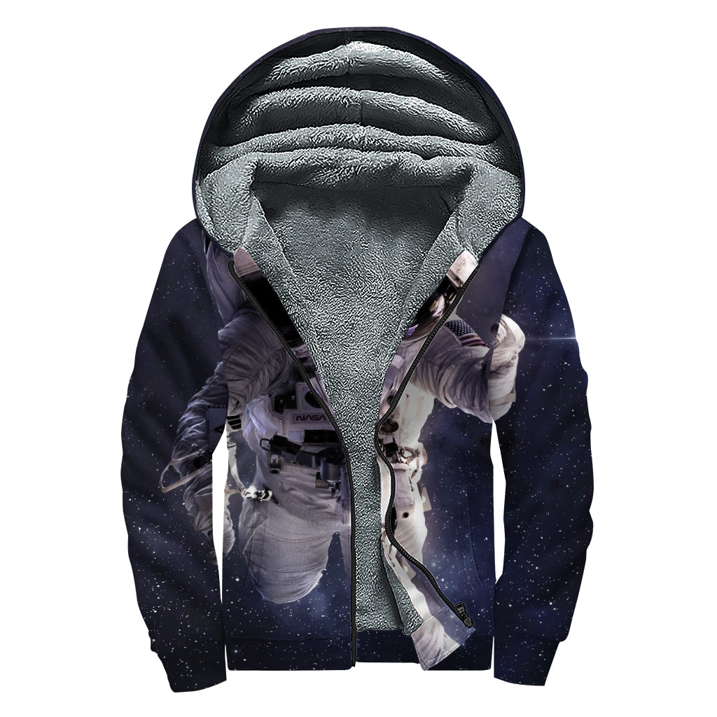 Astronaut Floating In Outer Space Print Sherpa Lined Zip Up Hoodie