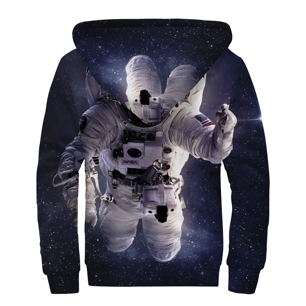 Astronaut Floating In Outer Space Print Sherpa Lined Zip Up Hoodie