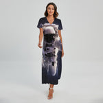 Astronaut Floating In Outer Space Print Short Sleeve Maxi Dress