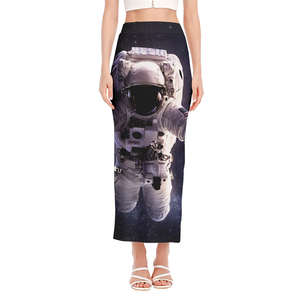 Astronaut Floating In Outer Space Print Side Slit Maxi Skirt