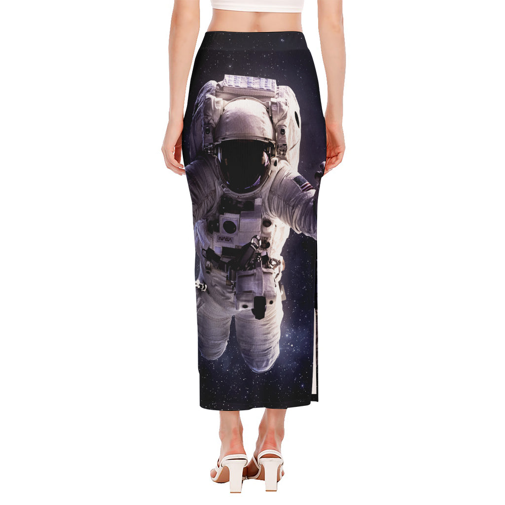 Astronaut Floating In Outer Space Print Side Slit Maxi Skirt