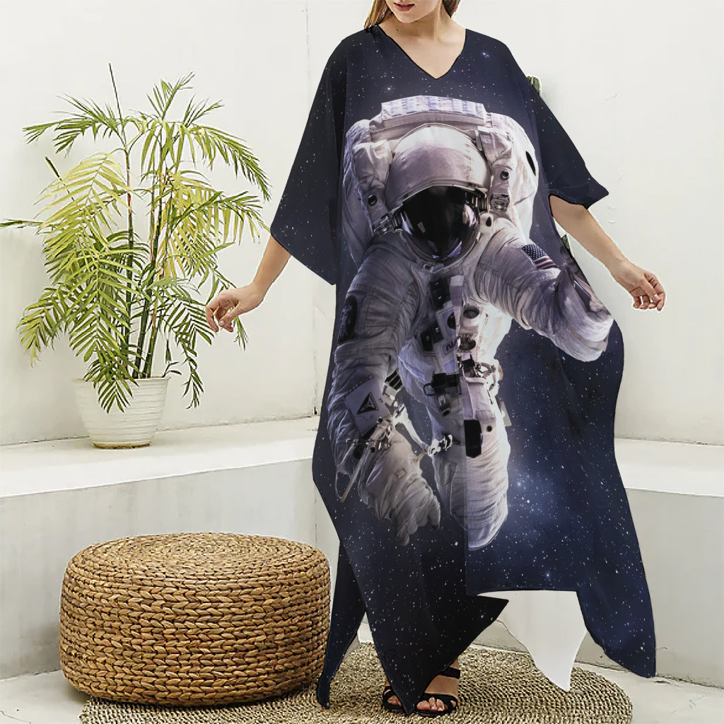 Astronaut Floating In Outer Space Print Silk V-Neck Kaftan Dress