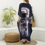 Astronaut Floating In Outer Space Print Silk V-Neck Kaftan Dress