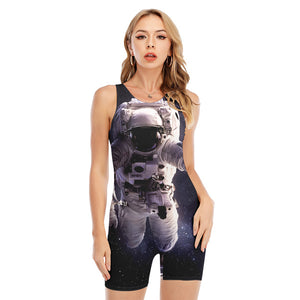 Astronaut Floating In Outer Space Print Sleeveless One Piece Swimsuit