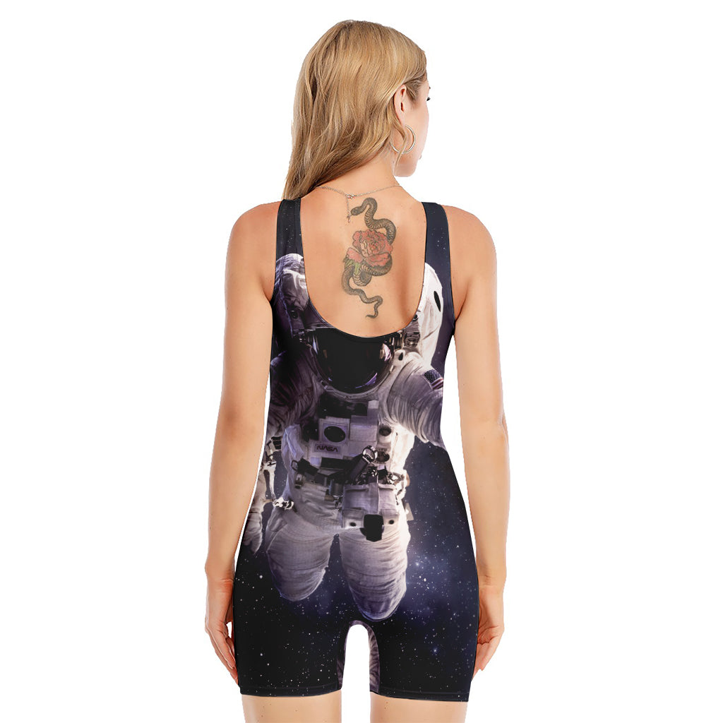 Astronaut Floating In Outer Space Print Sleeveless One Piece Swimsuit