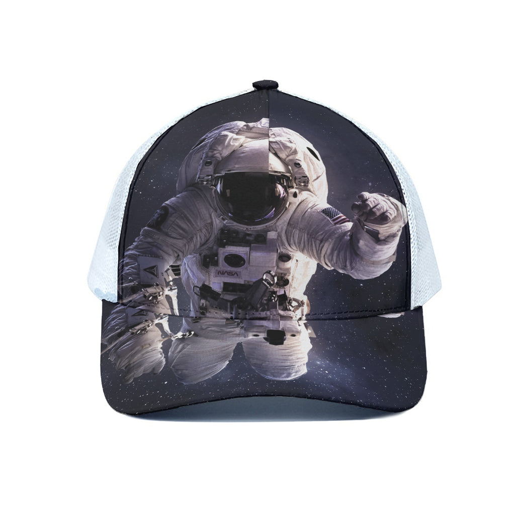 Astronaut Floating In Outer Space Print White Mesh Trucker Cap