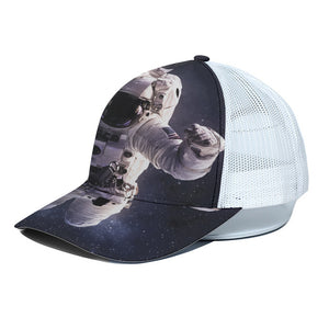 Astronaut Floating In Outer Space Print White Mesh Trucker Cap