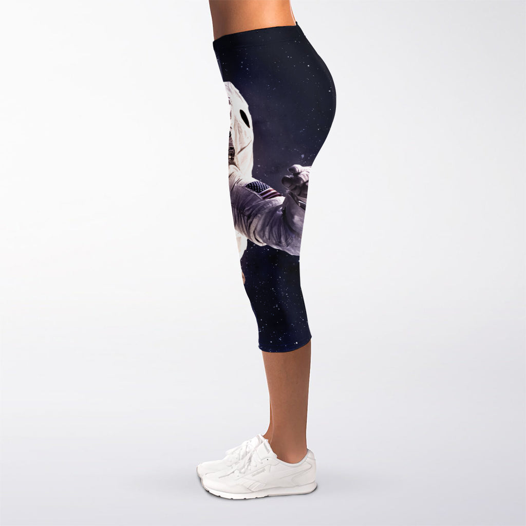 Astronaut Floating In Outer Space Print Women's Capri Leggings