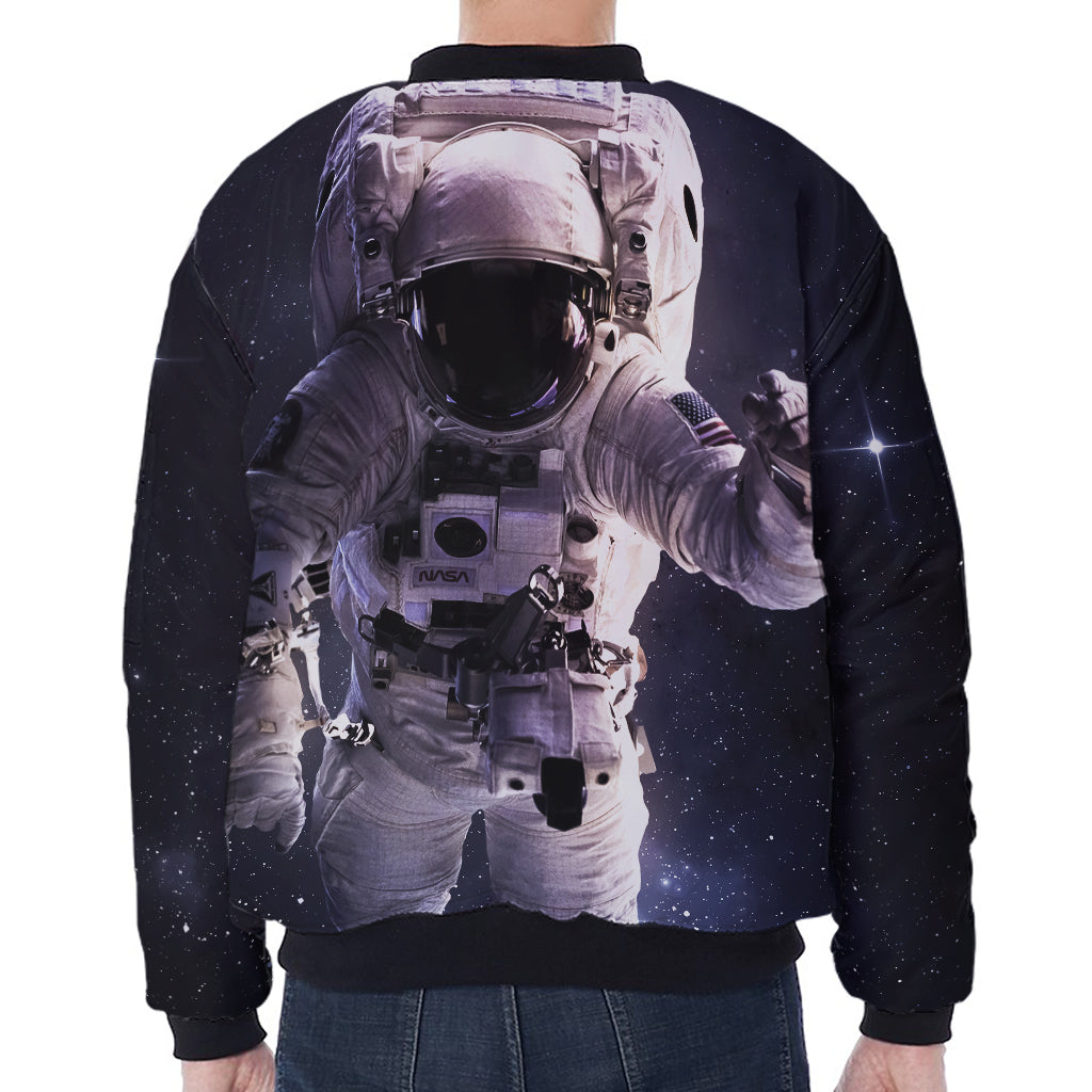 Astronaut Floating In Outer Space Print Zip Sleeve Bomber Jacket