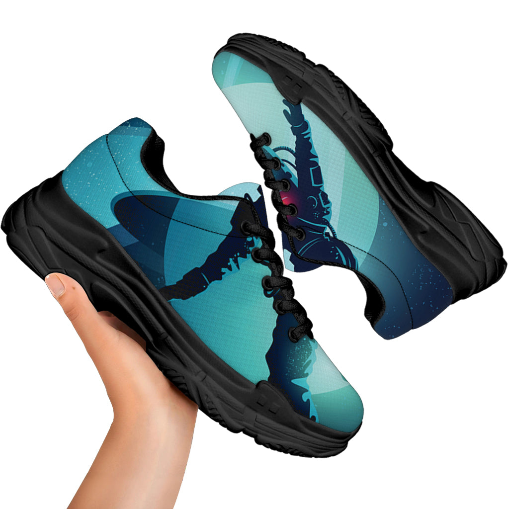 Astronaut Floating Through Space Print Black Chunky Shoes