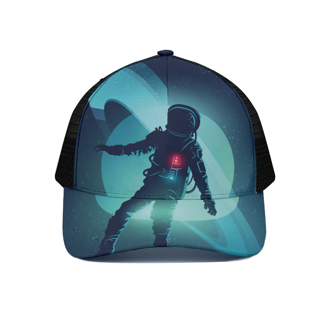 Astronaut Floating Through Space Print Black Mesh Trucker Cap