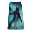 Astronaut Floating Through Space Print Cotton Front Slit Maxi Skirt